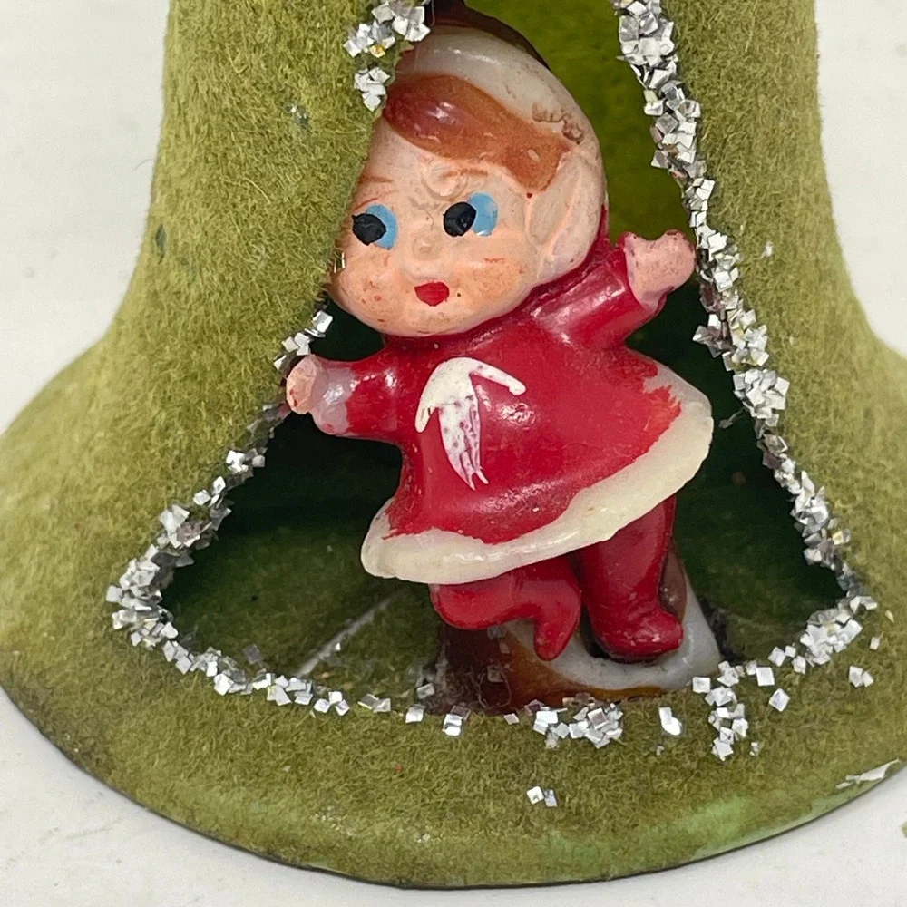 Vintage 1976 Felt Christmas Bell Ornament Pixie Elf Figure Green Red Handmade